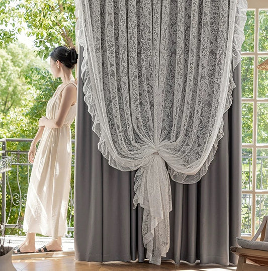 Furina Lace curtain fabric+ cotton cutains grey 90% Light-Blocking Curtains, with Transparent Covering Layer for Mixed Double-layer Curtain Insulation,suitable for bedroom grey curtains, with ties.