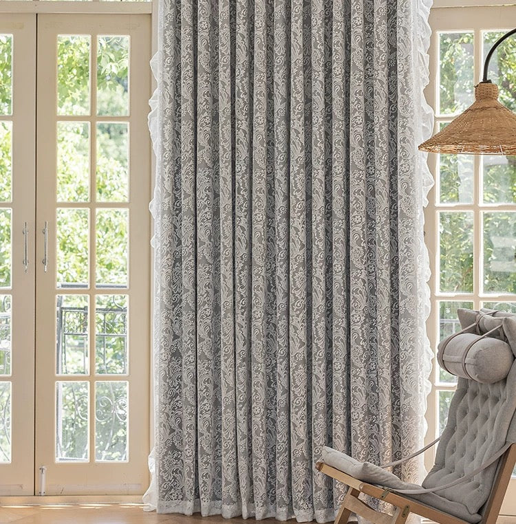 Furina Lace curtain fabric+ cotton cutains grey 90% Light-Blocking Curtains, with Transparent Covering Layer for Mixed Double-layer Curtain Insulation,suitable for bedroom grey curtains, with ties.