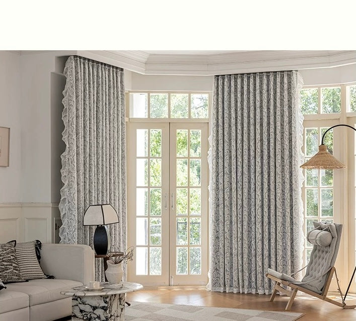 Furina Lace curtain fabric+ cotton cutains grey 90% Light-Blocking Curtains, with Transparent Covering Layer for Mixed Double-layer Curtain Insulation,suitable for bedroom grey curtains, with ties.