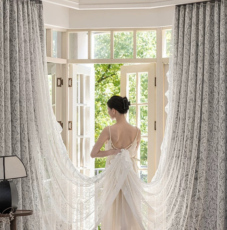 Furina Lace curtain fabric+ cotton cutains grey 90% Light-Blocking Curtains, with Transparent Covering Layer for Mixed Double-layer Curtain Insulation,suitable for bedroom grey curtains, with ties.