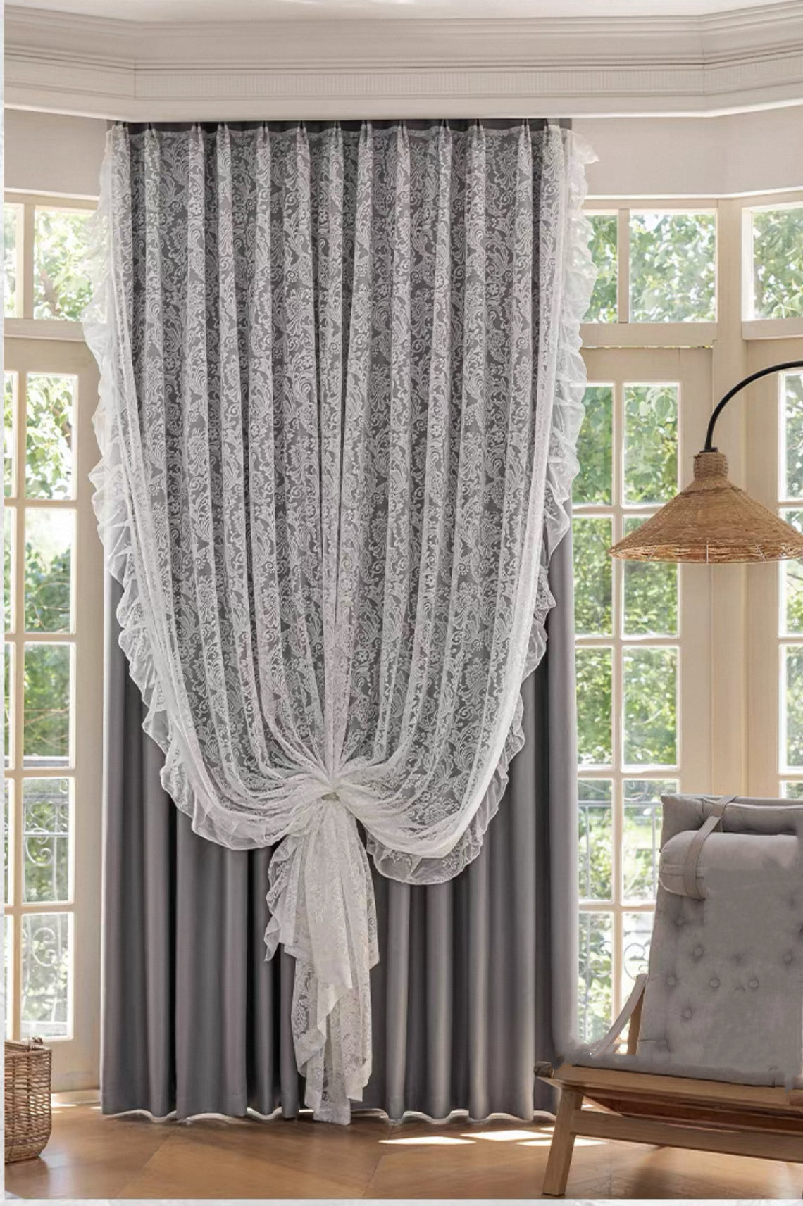 Furina Lace curtain fabric+ cotton cutains grey 90% Light-Blocking Curtains, with Transparent Covering Layer for Mixed Double-layer Curtain Insulation,suitable for bedroom grey curtains, with ties.