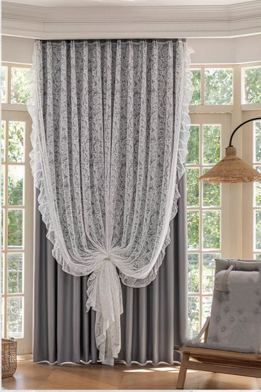 Furina Lace curtain fabric+ cotton cutains grey 90% Light-Blocking Curtains, with Transparent Covering Layer for Mixed Double-layer Curtain Insulation,suitable for bedroom grey curtains, with ties.