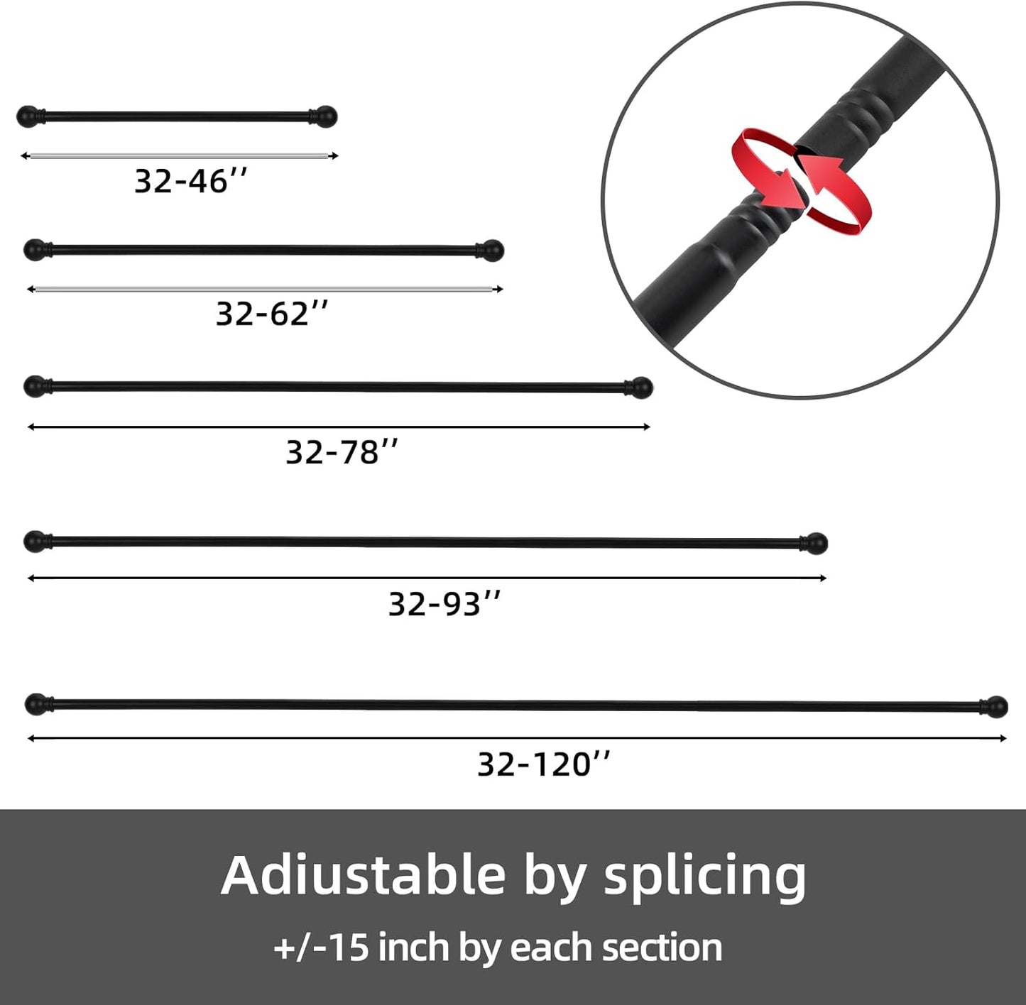 Furina Curtain Rods for windows  5/8 inch Decorative Curtain Rod Set, Matte Black And White Splicing Heavy Duty Metal Curtain Rod with Brackets